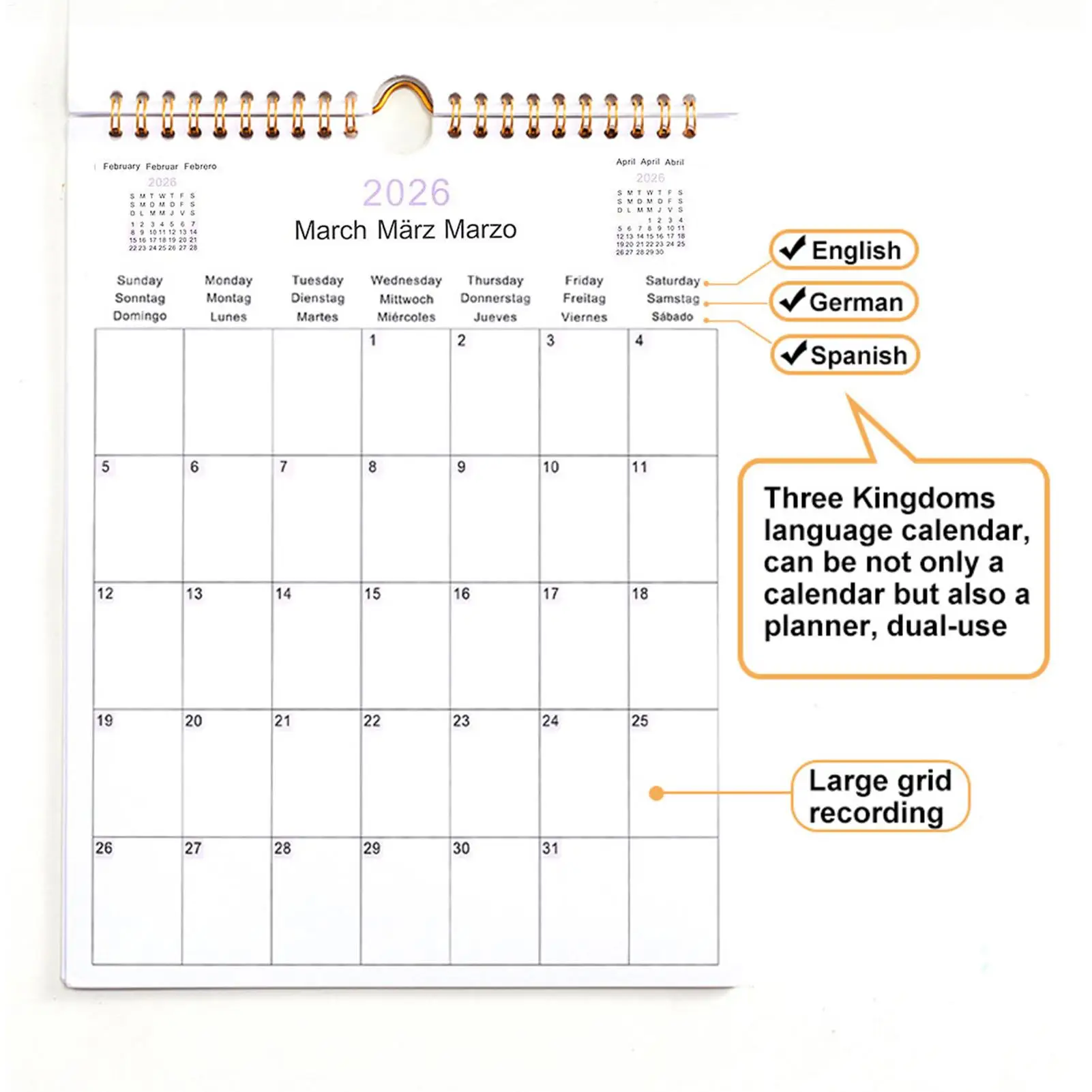

2026 Wall Calendar Multilingual 12-Month Coil Planner - Modern Decorative Calendar for Home, Classroom, Office & Living Room
