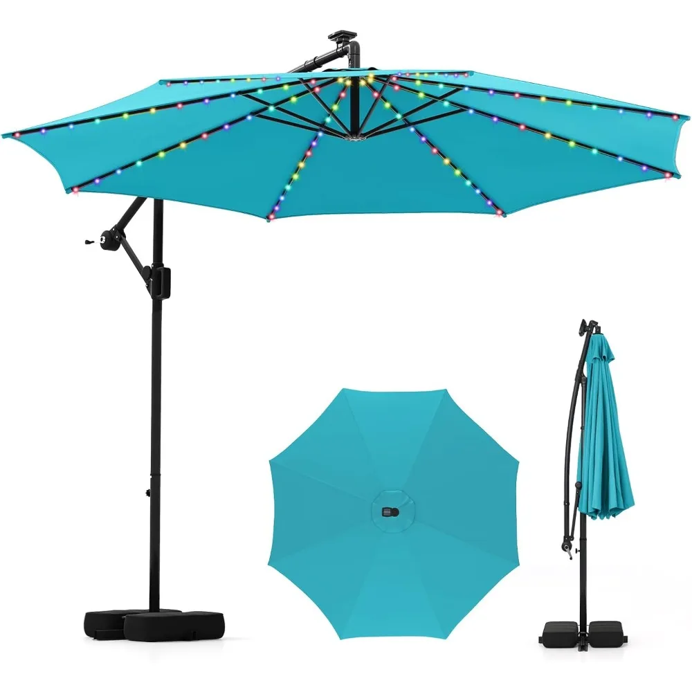 

10 FT Solar Cantilever Patio Umbrella with Base, Offset Hanging Outdoor Umbrella with 96 LED Lights, 9 Modes