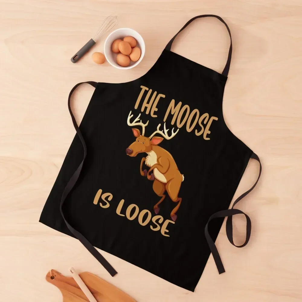 

The Moose is Loose Cute Moose Deer Cartoon Apron Nursing Kitchen Supplies Women's Dresses Things For Home And Kitchen Apron