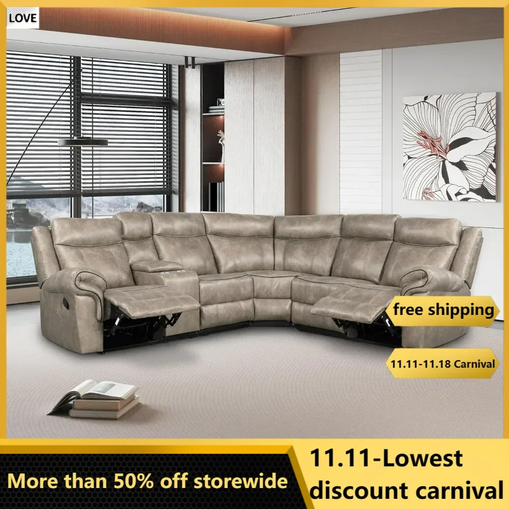 L-Shaped Reclining Sofa, Sectional Couch with 2 Cup Holders, USB Ports, Hidden Storage, 2 Power Sockets, Living Room Sofas