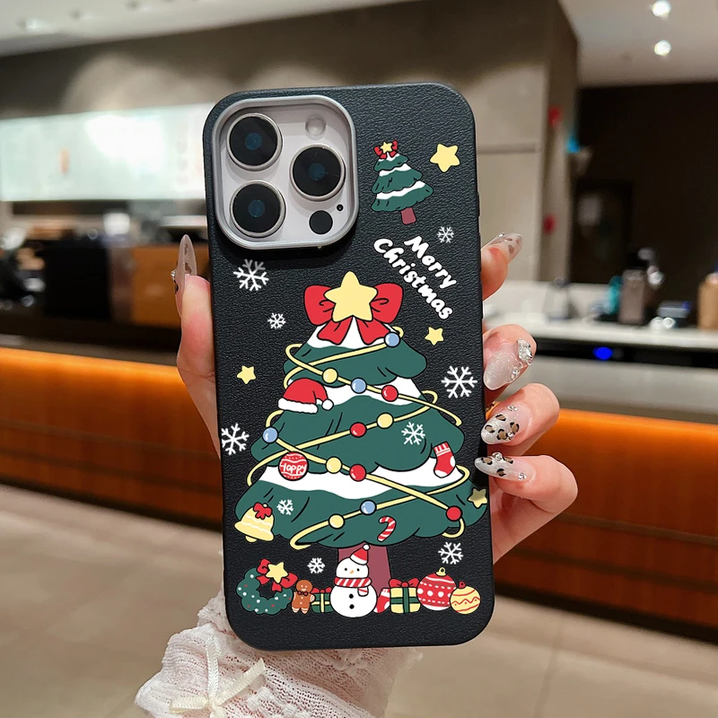 Ano novo árvore de natal caso de couro luxo para iphone 16 15 14 pro max 16 plus 11 13 12 pro macio tpu à prova de choque capa do telefone