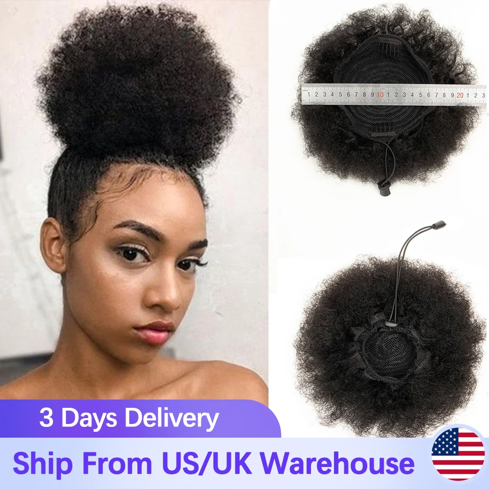 Afro Kinky Curly Ponytail Human Hair Extensions Buns Chignon Afro Puff Drawstring Curly Ponytail Remy Human Hair For Black Women