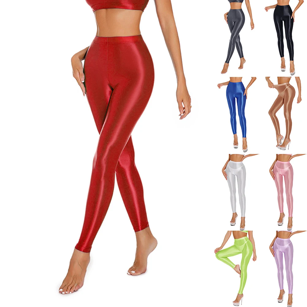 Womens Satin Glossy Stretchy Shiny Wet Look Leggings Dancing Lingerie Yoga Pants See Through Ladies Slim Fitting Sensual Tights