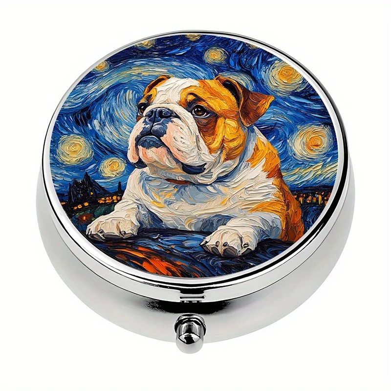 1 pill box, with 3 compartments, Starry Night Bulldog themed mini pill box, medicine storage box, unique gift, convenient for travel