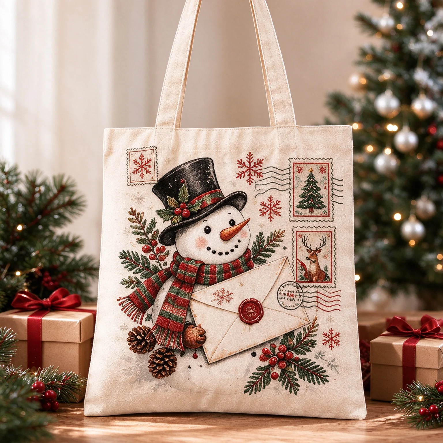 Vintage Christmas Snowman Mail Canvas Tote Bag Large Reusable Shopping Handbag Women Casual Shoulder Bag Holiday Xmas Gift