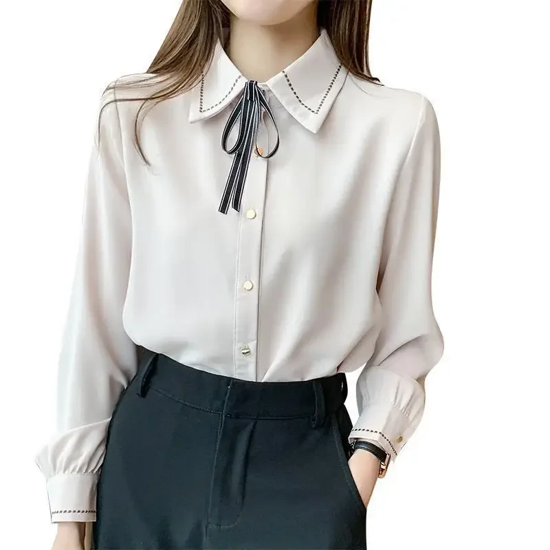 Mode Revers Effen Kleur Veterstrik Blouse Dameskleding 2024 Herfst Nieuwe Losse Casual Tops All-Match Office Lady Shirt X823