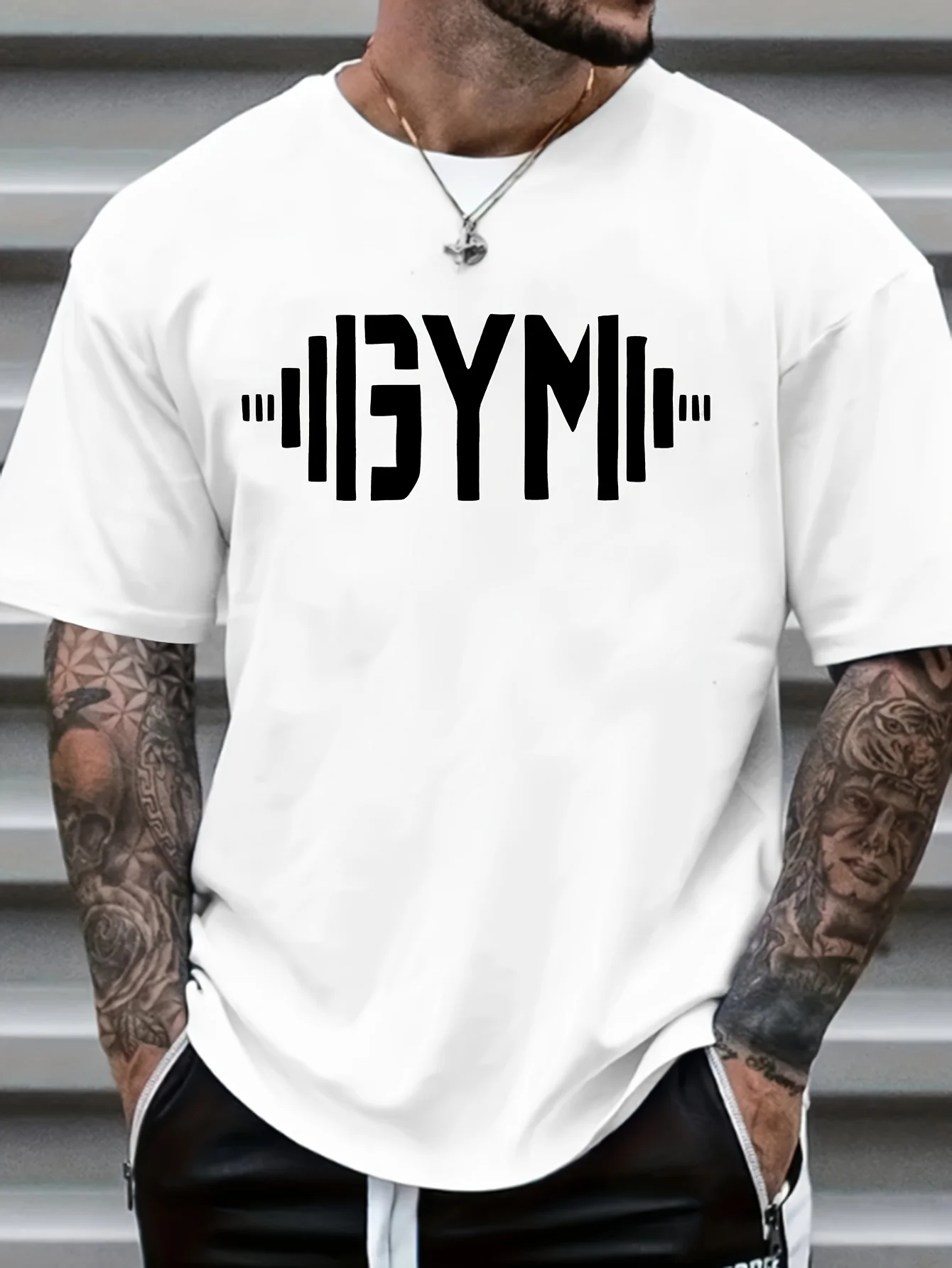 

Men'S Plus Size "GYM" Graphic T-Shirt - Casual, Short Sleeve, Comfort Fit, White with Black Print, Ideal for Spring/Summer