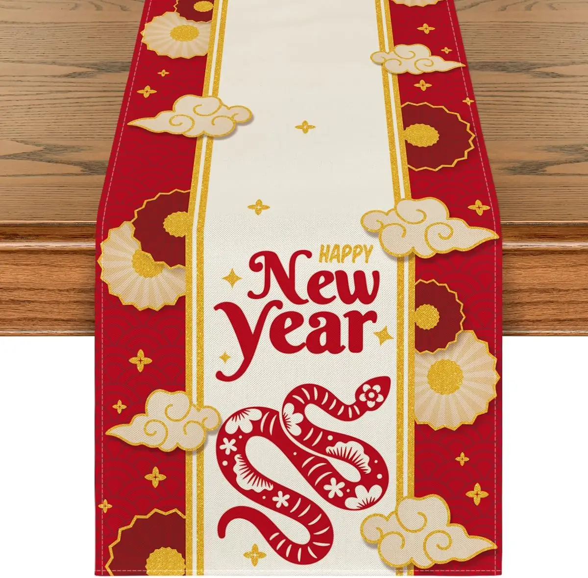 Chinese Zodiac Snake 2025 Lunar New Year Linen Table Runner Party Decor Reusable Kitchen Dining Table Runner New Year Decor