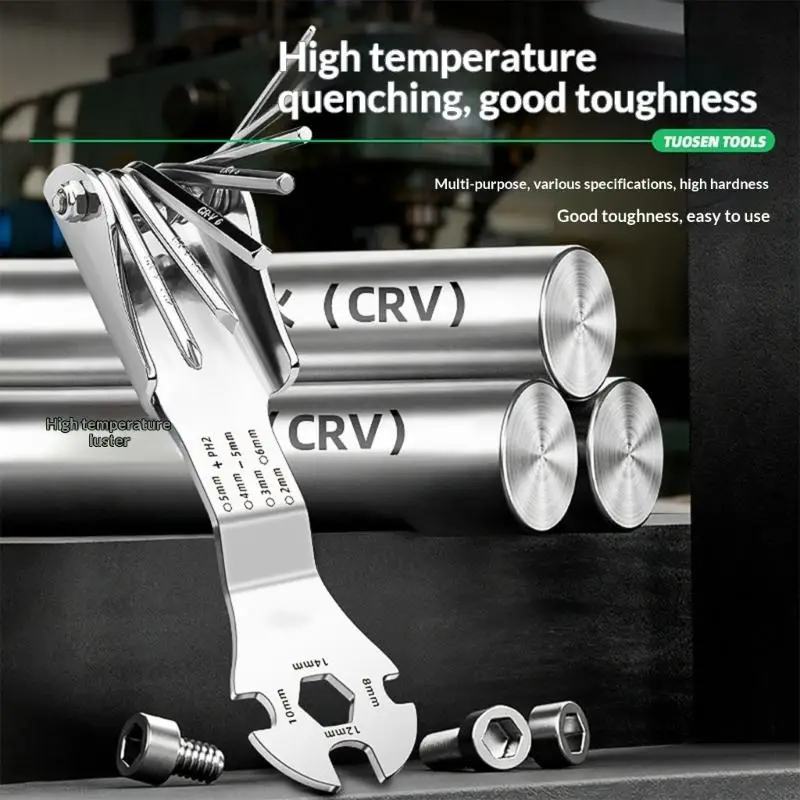 

Многофункциональный набор ручных инструментов, включающий крестовую отвертку, гаечный ключ и складной шестигранный ключ для M4YD