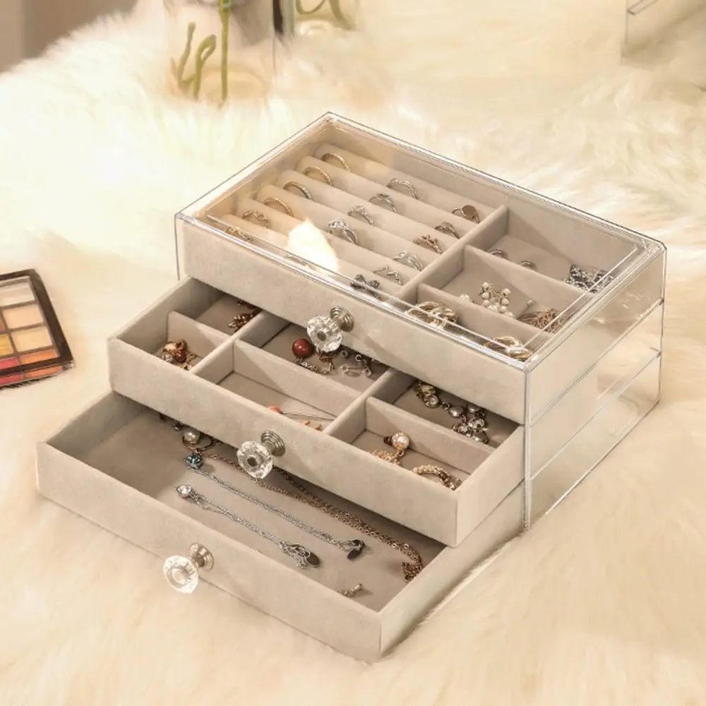 

Hollow Tray 3-Tier Jewelry Storage Box Transparent Square Flannel Jewelry Box Plastic Dust-proof Earrings Jewelry Box Home