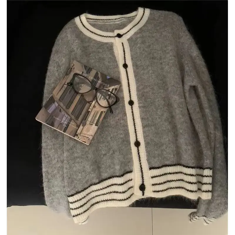 Color matching thin round neck cashmere knit cardigan women's spring and autumn loose sweater coat