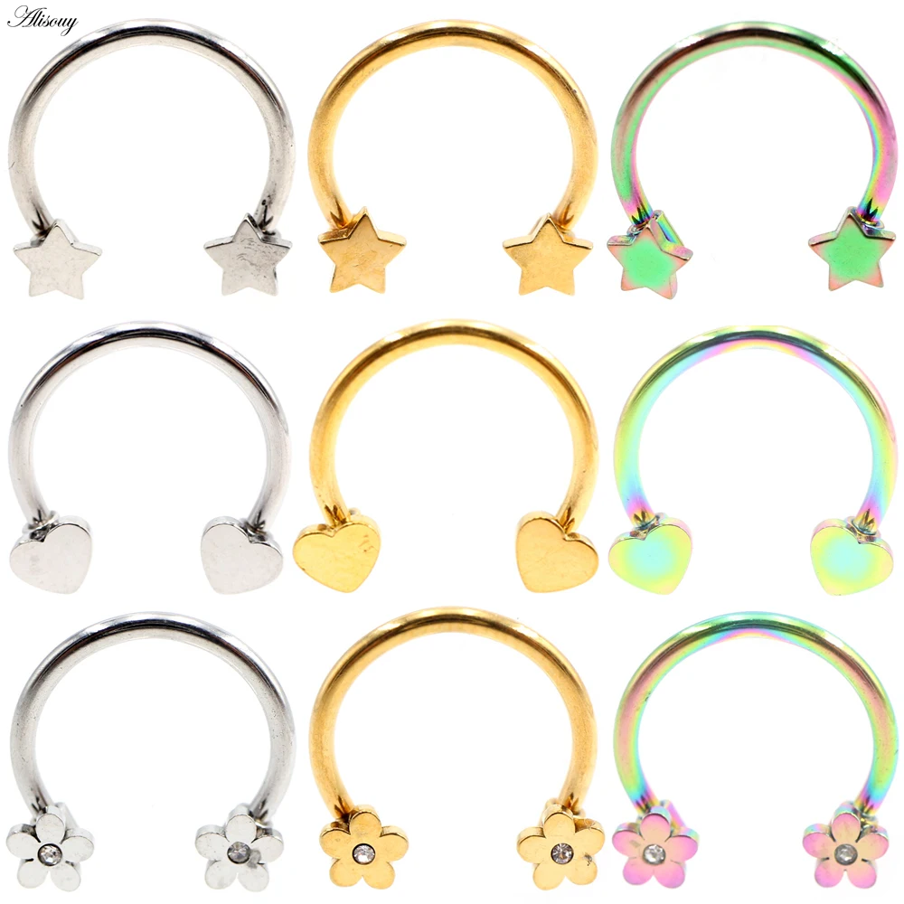 Alisouy 1PC Stainless Steel Heart Star Flower Horseshoe BCR Captive Septum Ear Guauge Nipple Nose Rings Piercing Body Jewelry