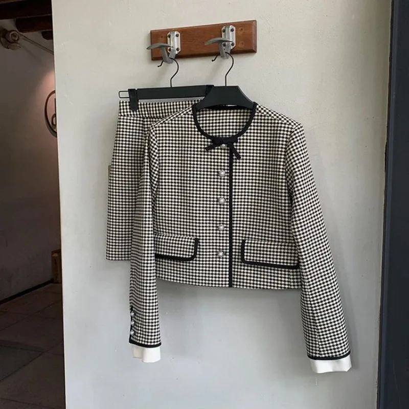 Fashion Temperament Small Fragrance Suits Houndstooth Women O Neck Long Sleeve Elegant Coats 2024 Autumn Female Two Piece Set