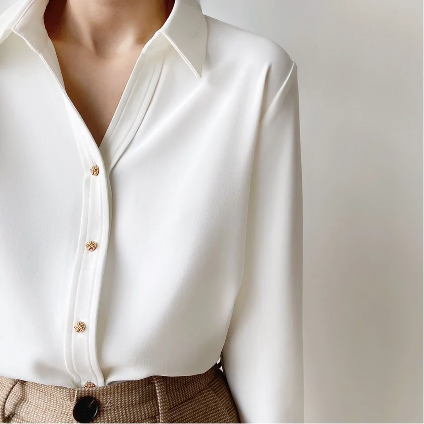 

XINER Chic Retro White irt Long Sve Small V-ne Simple Commute Office Spring Autumn oulder-Length Women's Busin irt