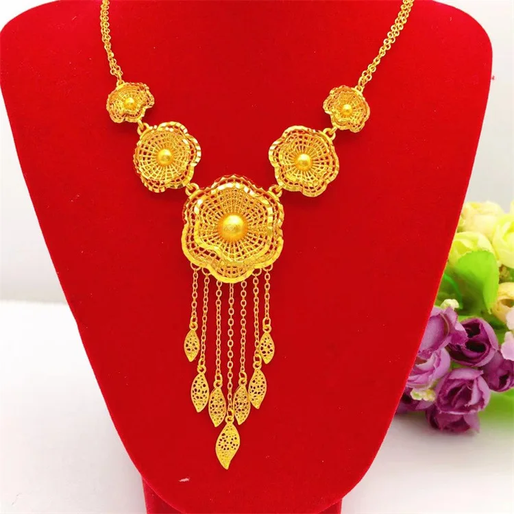 24K Gold AU999 Women's 5-Flower Trendy Set - 3D 5-Petal Layered Pendant + Thin Chain, Gradient Petal Gold-Plating