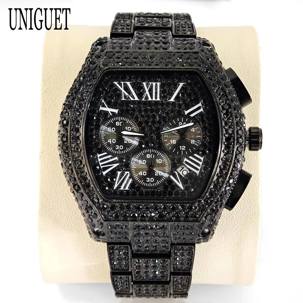 2025 Top Luxury Watches Men Fashion Brand UNIGUET Hip Hop Diamond Bling Tonneau Quartz Wristwatches Business Iced Out Men Clocks