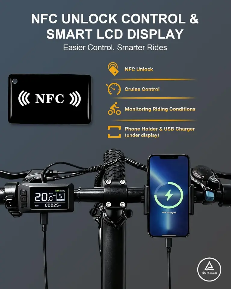 Folding Electric Bike for Adults, 2 Seater Ebike Designed | 48V20Ah Battery 35MPH 65 Miles, 20*4 Inch Fat Off Road Tire Folding Ebikes with NFC Unlock & UL Certificated image 4