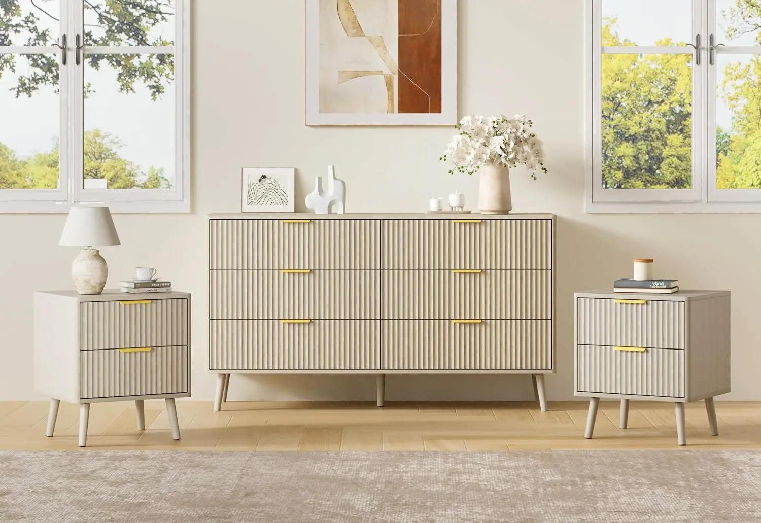 Fluted 6-Drawer Dresser & Nightstand Set of 3, 55 Inch Wide Bedroom Storage for Hallway, Beige, Customized
