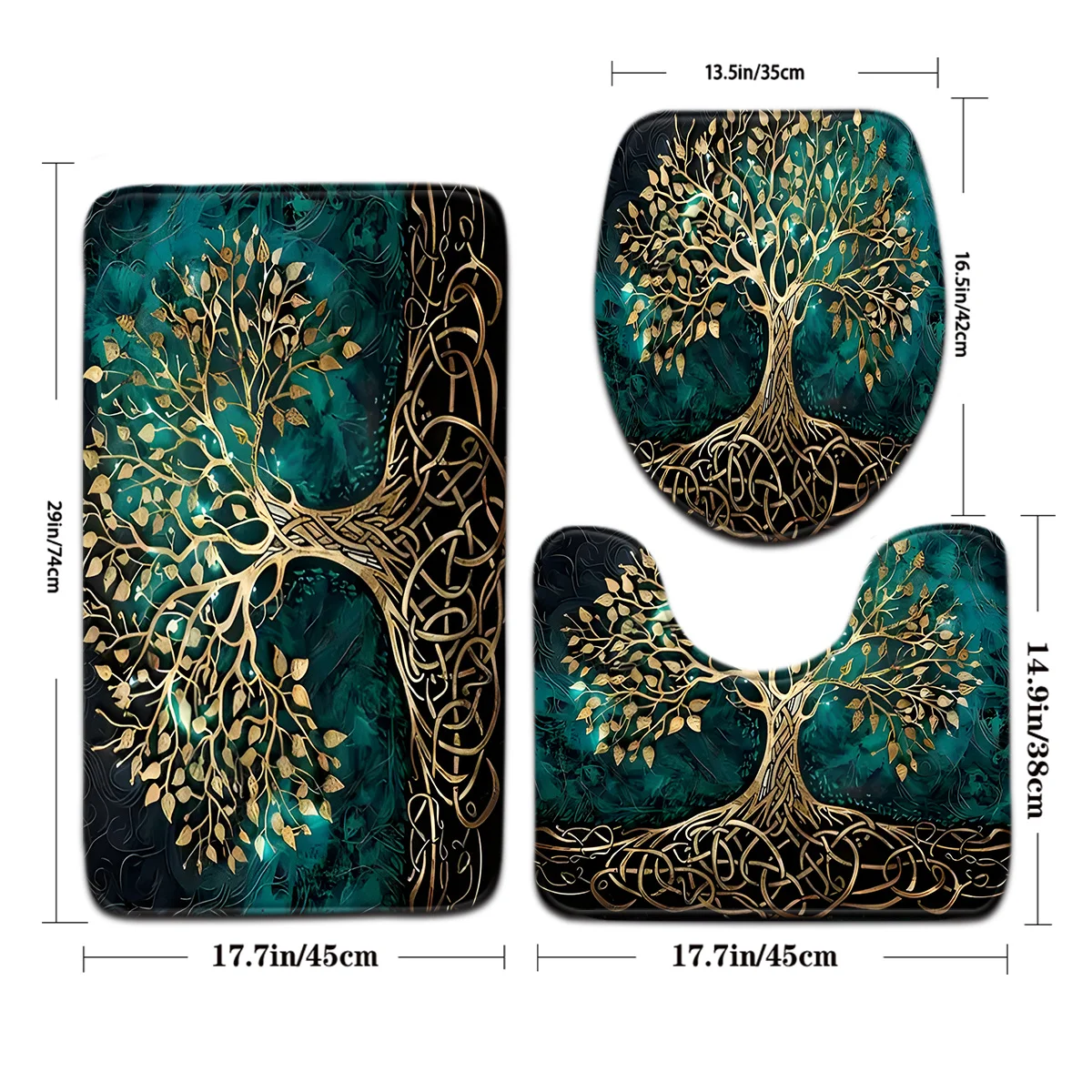 3pcs Plant Series Night Big Tree Pattern Bathroom Mat Set Toilet Seat Cover U-shaped Foot Mat