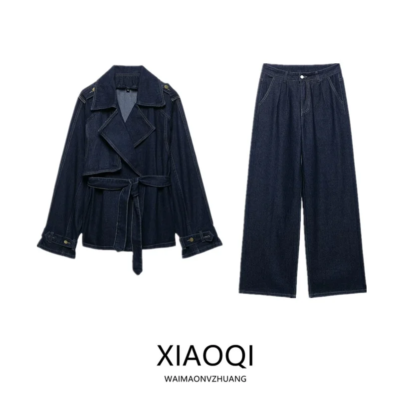 Spring 2025 Women's ort Wide Version Denim Sle Coat Belted Waist Design Faionable Trousers Casual Ele Ensemble