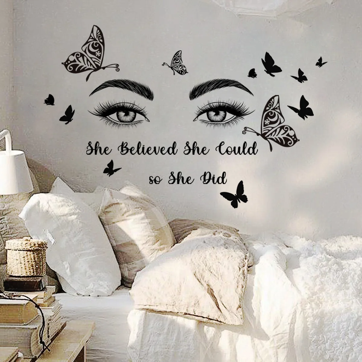 2pcs English Slogan Eyes Butterfly Wall Sticker Creative Bedroom Living Room Background Wall Room Decoration Mural Wall Sticker