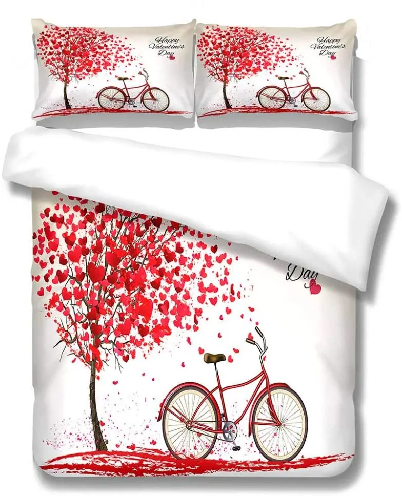 HUANZHUANG king duvet cover 3D Red Tree Bicycle duvet cover king zipper closure Patterned Duvet Cover King Size with 2 Pillow