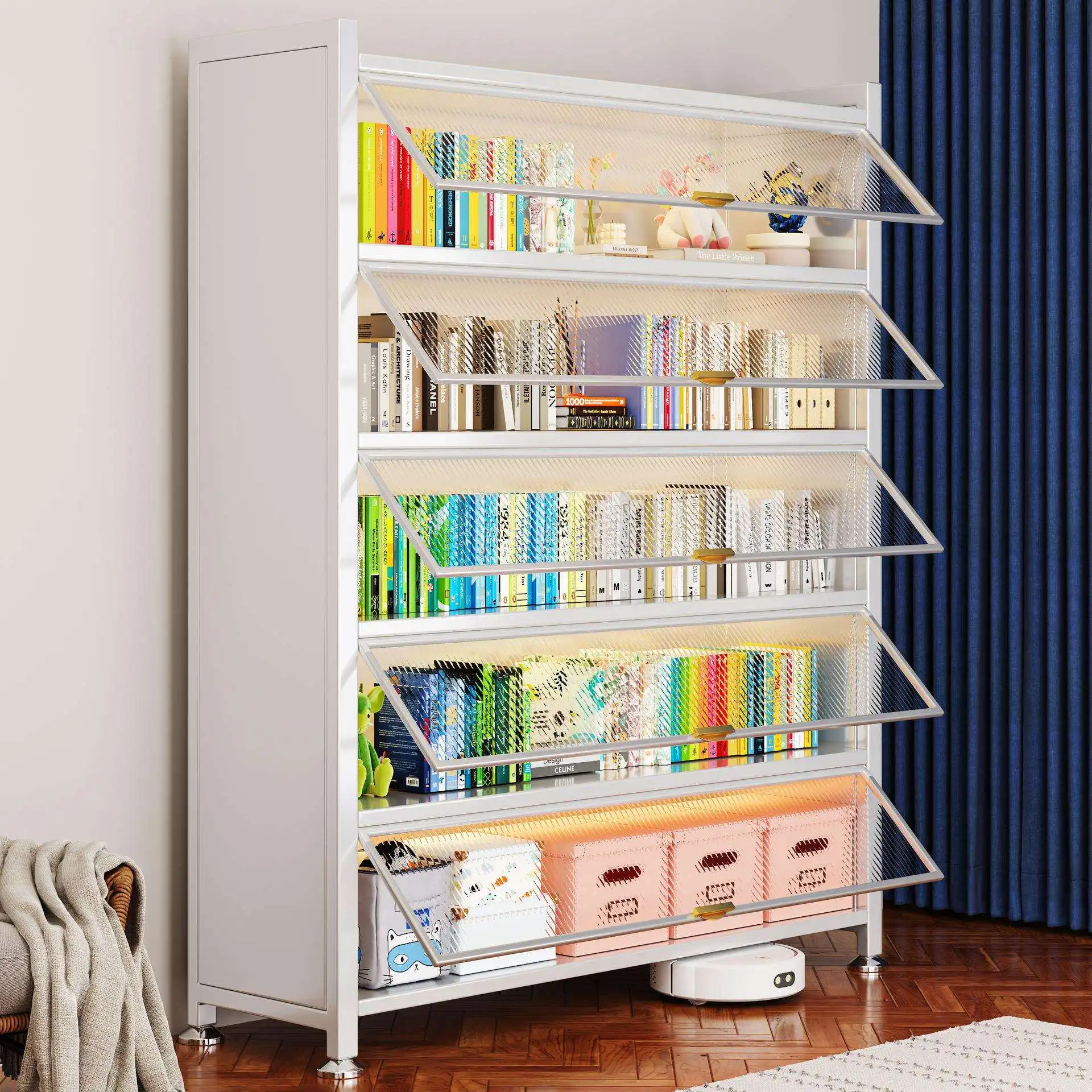 steel-bookcase-multi-layer-dustproof-children's-cabinet-floor-standing-mobile-storage-rack-living-room-bedroom-multi-function