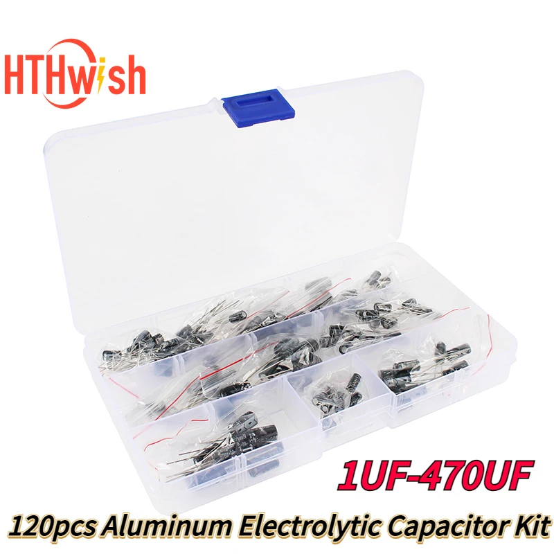 120pcs Aluminum Electrolytic Capacitor DIY Kit, Range 1μF-470μF, Voltages 16V/25V/50V, 12 Values Each 10pcs, Electronic Componen