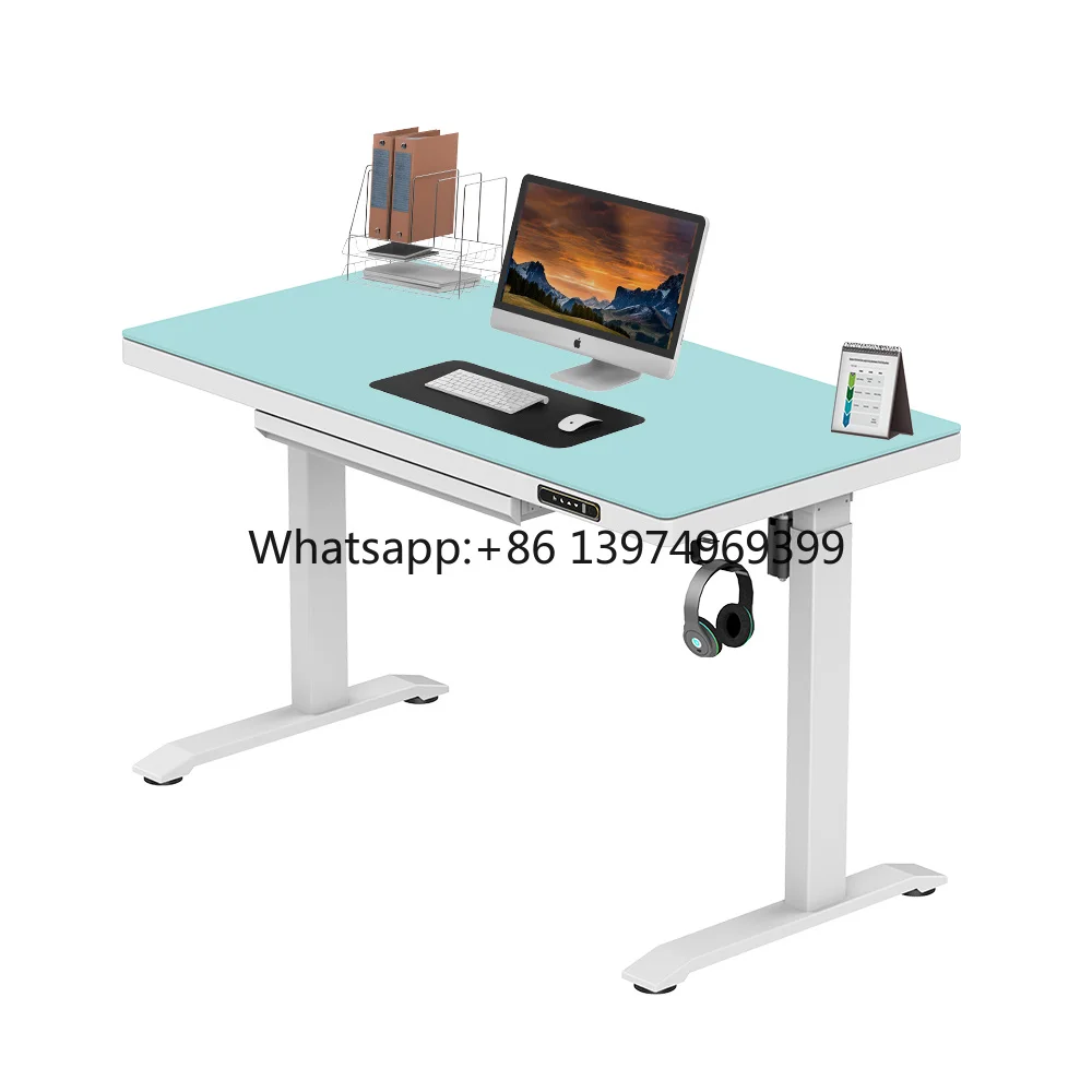 New Design Modern Furniture White Single Motor Electric Height Adjustable Blue Glass Top Office Standing Desk