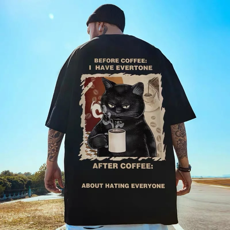 2025 New Year Men\'s T-Shirt Black Cat Printed Male Clothing Summer Casual Short Sleeve Top Loose Oversized T-Shirt Street Tees