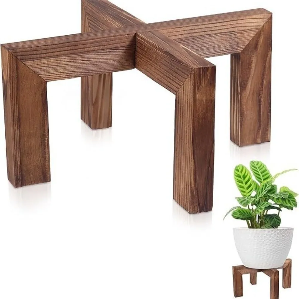

Cross Frame Wooden Plant Stand Brown Wood Grain Compact Size Flower Pot Rack Screw Fixed Open Design Indoor Pot Holder
