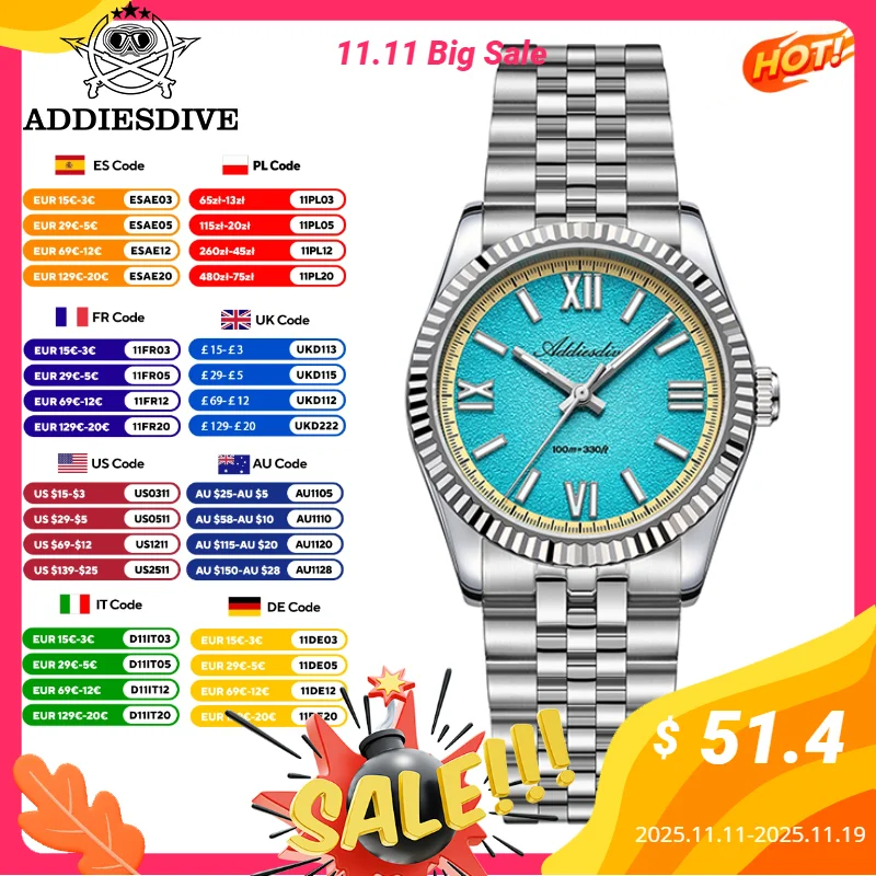 

ADDIESDIVE 36mm Quartz Watches Men Sapphire Glass VH31 BGW9 Luminous Luxury WristWatch 10Bar Waterproof Dress Watch New AD2535