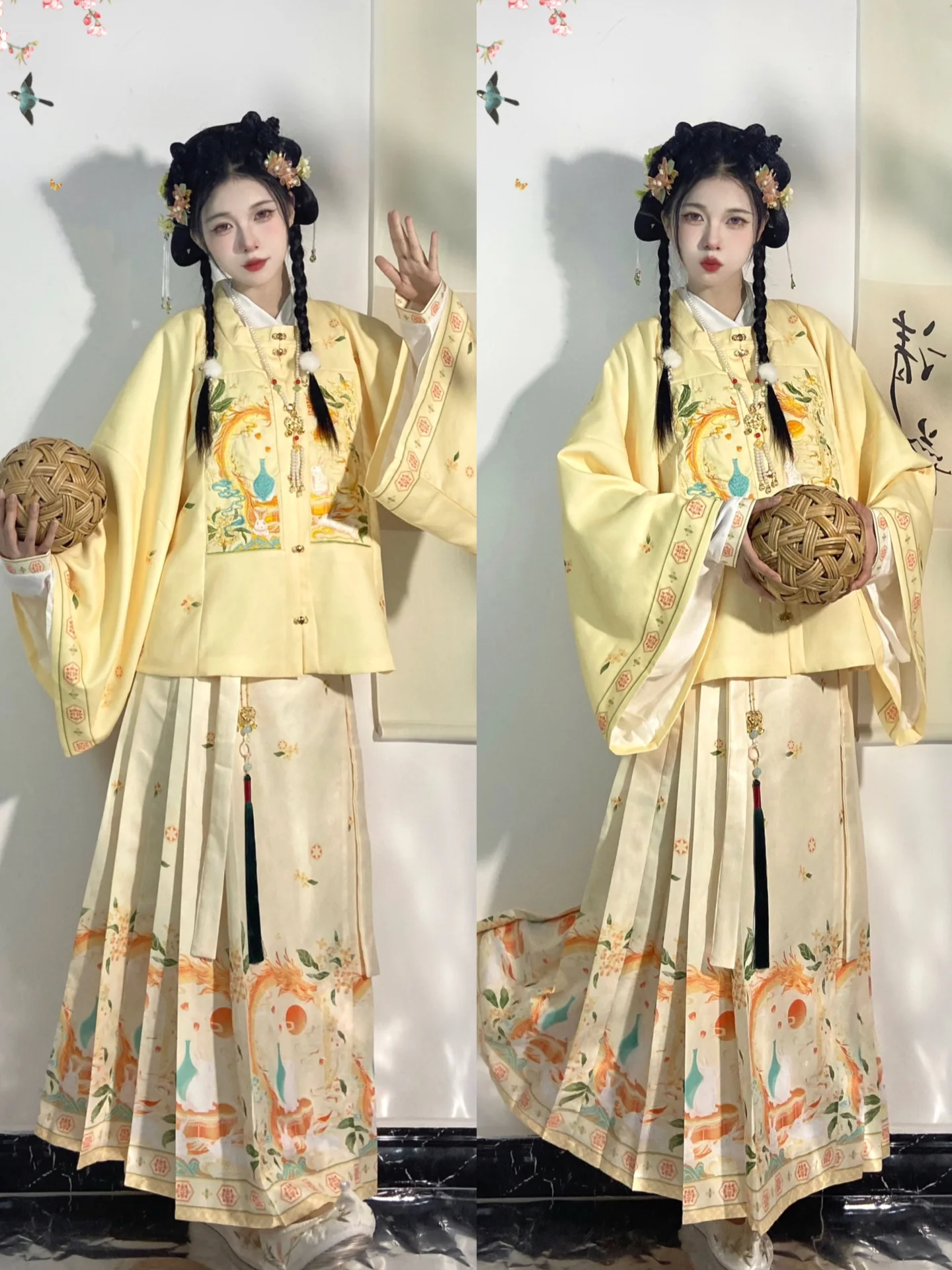 Ming Dynasty Hanfu Female Embroidered Square Neck Mending Coat Pipa Sleeve Horse Face Skirt Autumn and Winter