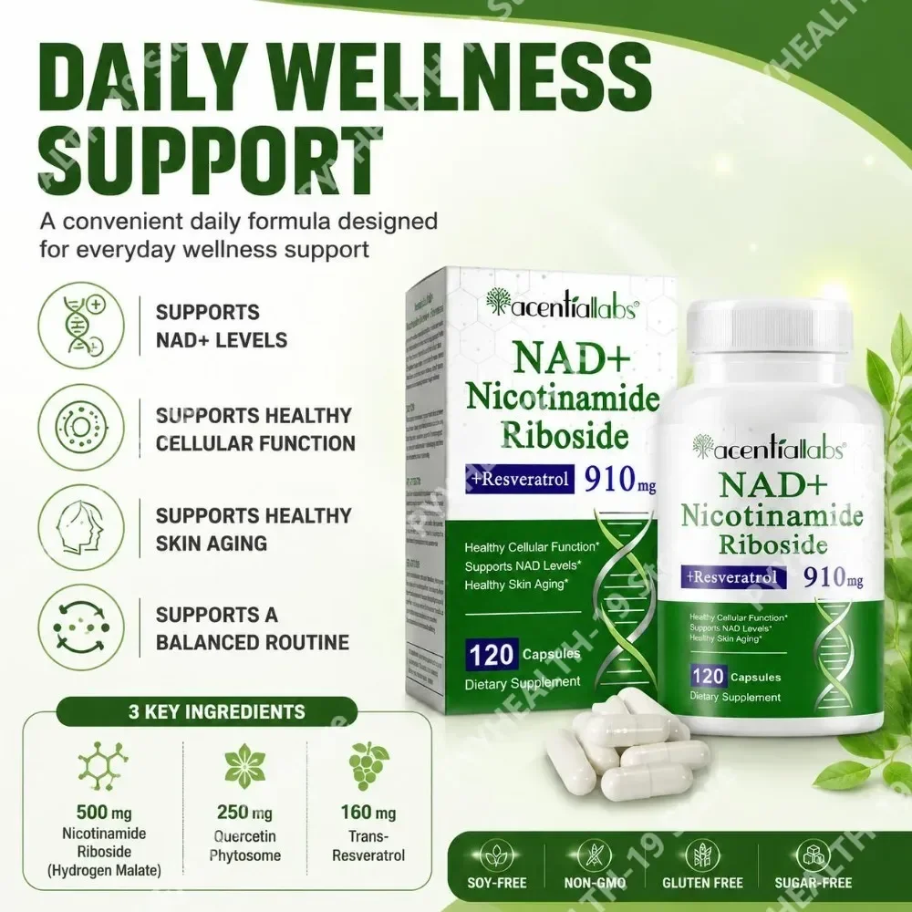 NAD+ Nicotinamide Riboside 910mg, with Resveratrol Quercetin 120 Count Supports NAD+ Levels Cellular Function Healthy Skin Aging