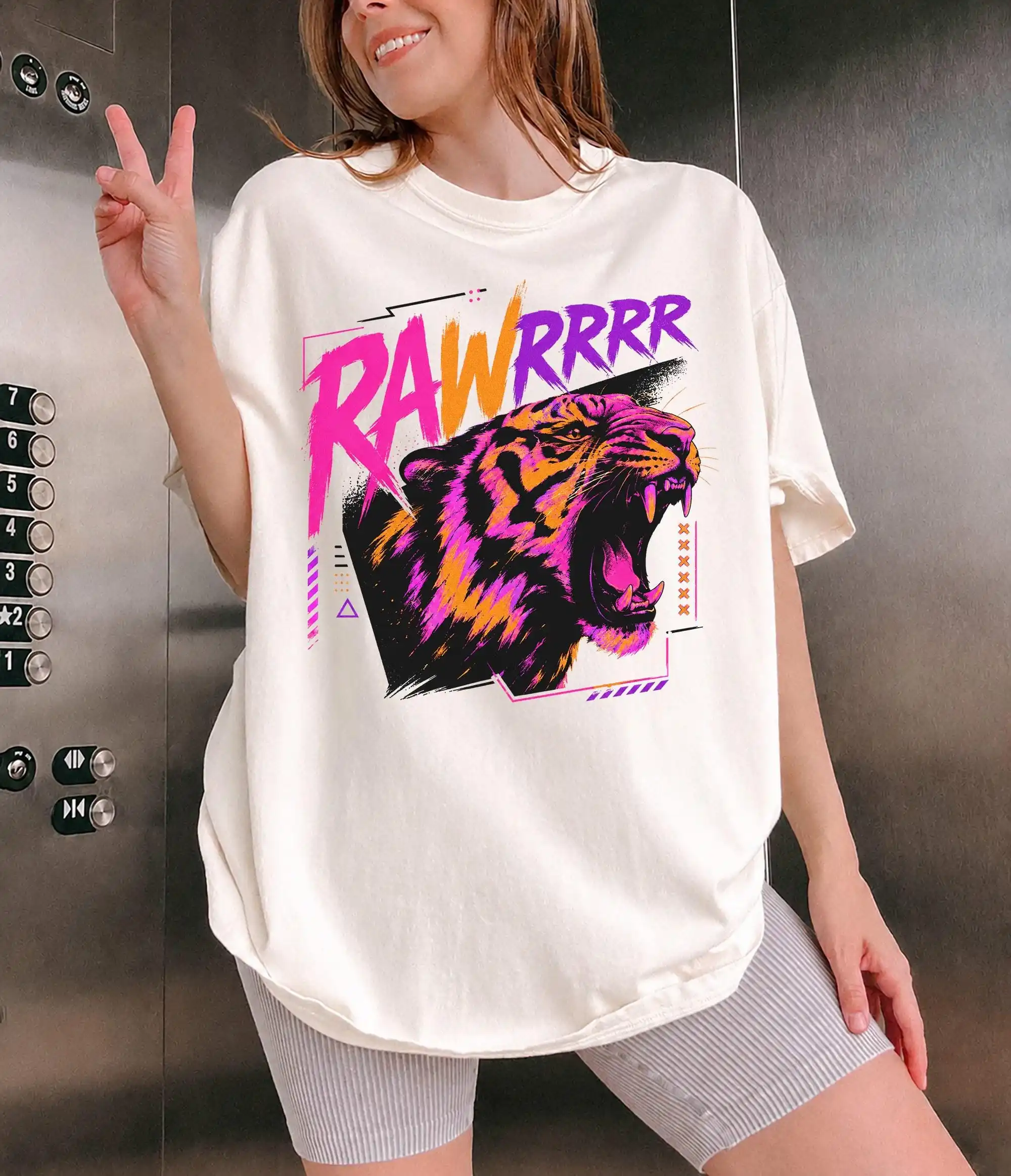 Vaporwave Tiger Shirt, Neon Roaring 80s Synthwave Graphic Top Tee