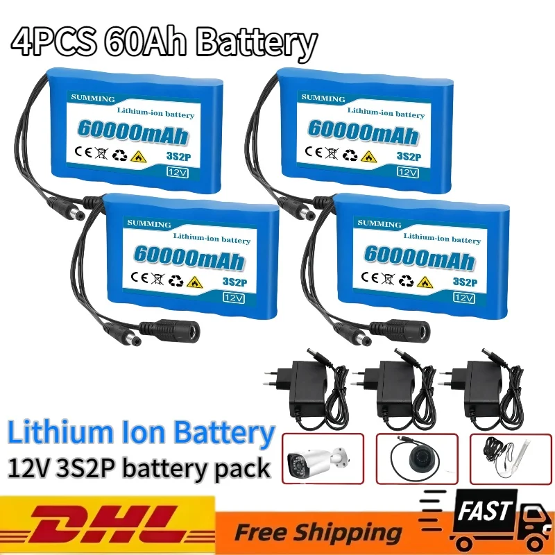 

New Portable 3S2P 12V 60AhRechargeable Lithium Battery PackFor LED Light SpeakersMonitors Battery+12.6V Charger