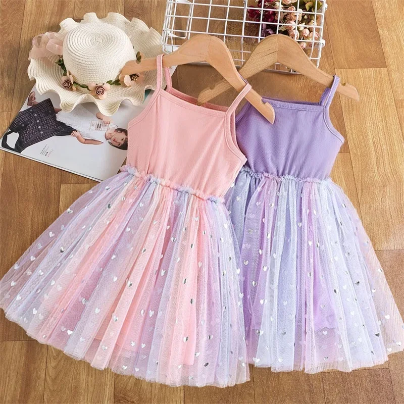 Summer Baby Girls Party Dress Stars Sequins Shiny Strap Dress Princess Birthday Evening Tulle Dress Toddler Girls Sweet Clothes