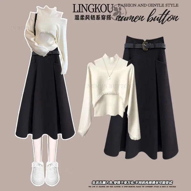 

Уличная одежда 2025 года, костюмы-свитера, женский вязаный пуловер, топ + длинные юбки, осенние вязаные комплекты, новинка