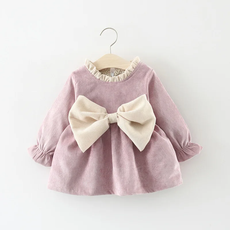 2024 New In Spring Autumn Baby Clothes Outfit Toddler Girl Dresses Korean Cute Big Bow Fleece Long Sleeve Pink Kids Dress BC1385