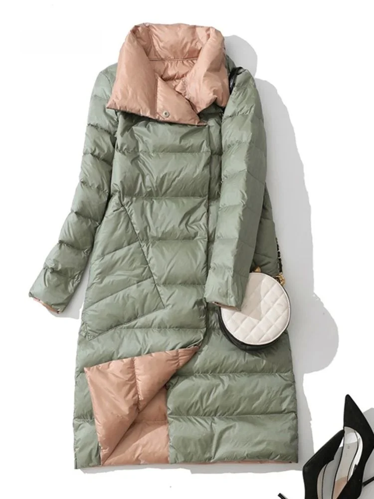 เสื้อโค้ทผู้หญิง Lagabogy 2023 ฤดูหนาว ขนเป็ดขาว 90% รุ่น Jaet Long T เสื้อโค้ทบุใยขนเป็ดสีน้ำตาลอ่อนสำหรับฤดูใบไม้ร่วง