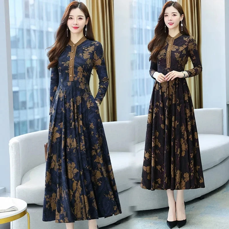 Women's Dress 2023 Autumn/Winter New Fashion Long Sleeve Slim Long Middle-Aged Lady High Quality Temperament Long Dresses Print