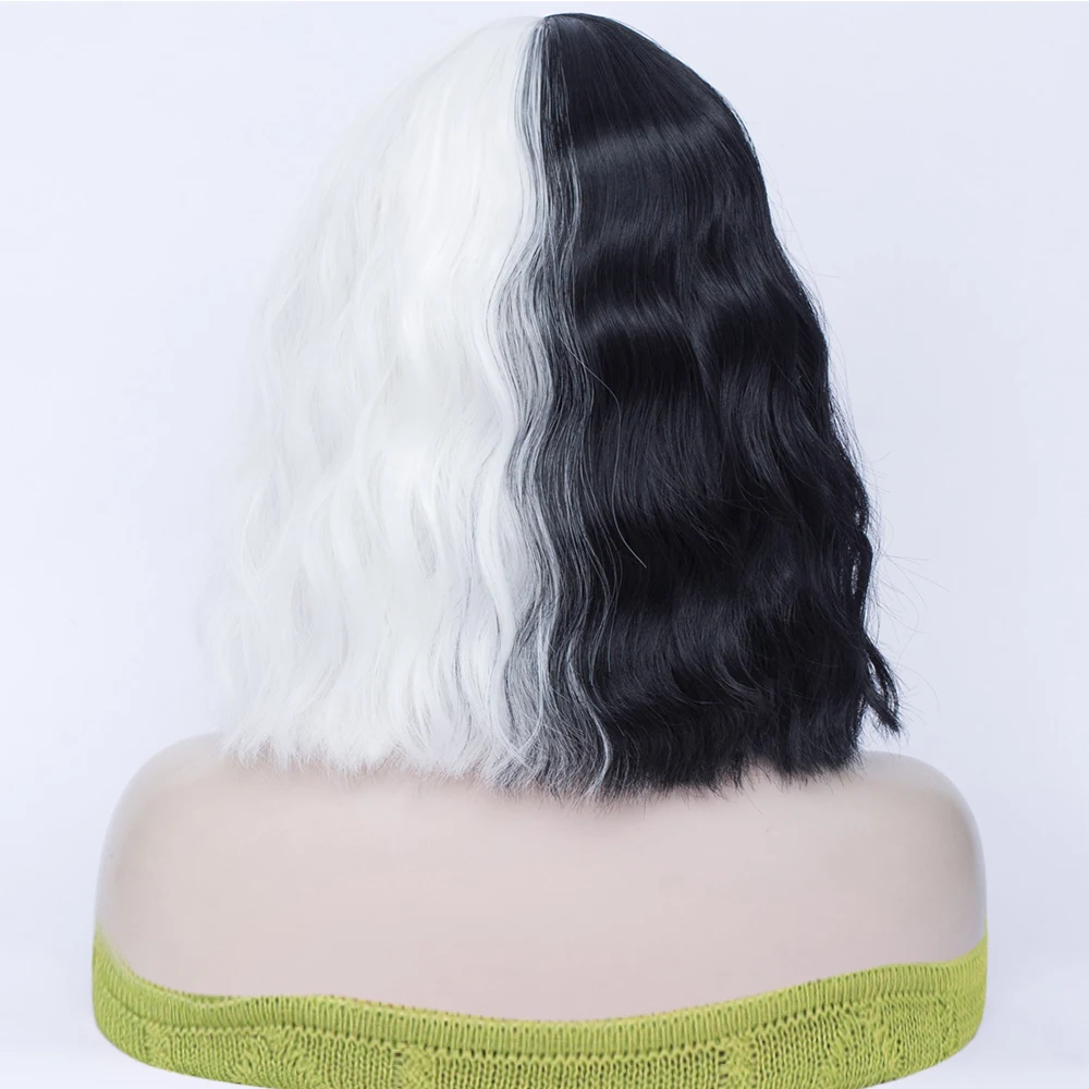 الاصطناعية قصيرة متموجة نصف أبيض نصف أسود الباروكات مع الانفجارات للنساء تأثيري لوليتا أنيمي مقاومة للحرارة شعر مستعار