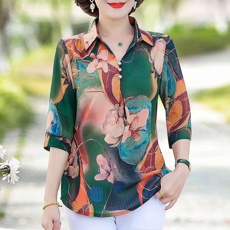 Women Floral Print Vintage Elegant Button Shirt Summer Fashion Casual Half Sleeve Loose Blouse V Neck Comfortable All Match Tops