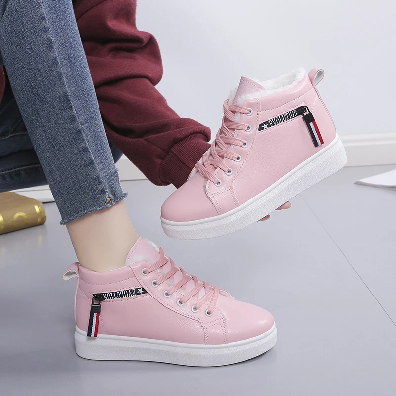 Women Ankle Boots Winter Warm Plush Woman Vulcanized Shoes Outdoor Walking Shoes Casual Flat Sneakers Lace Up Ladies Snow Shoes