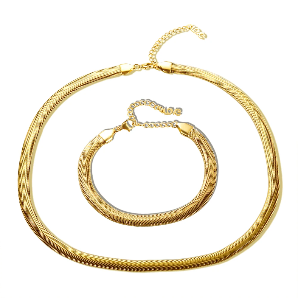 Edelstahl-Halskette, minimalistische metallische Textur, Schlangenkette, 18 Karat vergoldet, flach, dick, Halsketten, Armband für Unisex-Schmuckset – Detail 10
