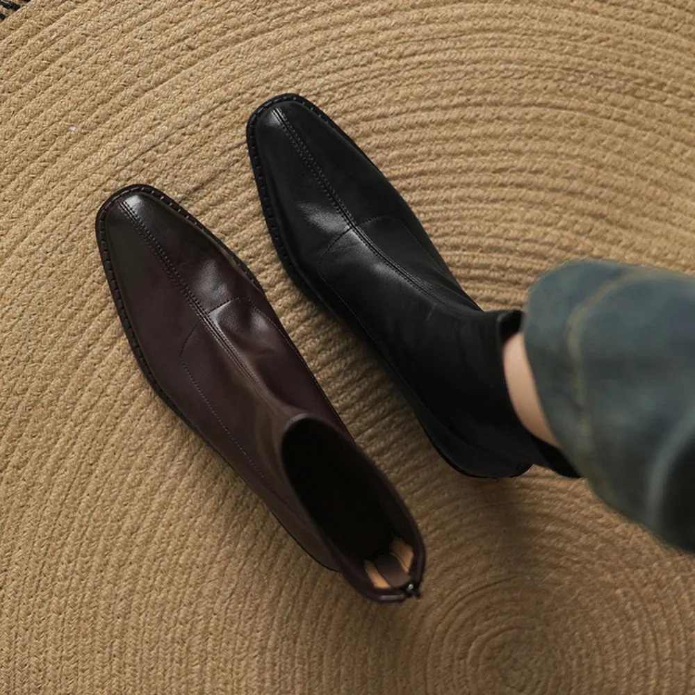 Women's 2026 Classic Chelsea Boots, Genuine Leather Chunky Heel Square Toe Soft Comfort for Business Casual