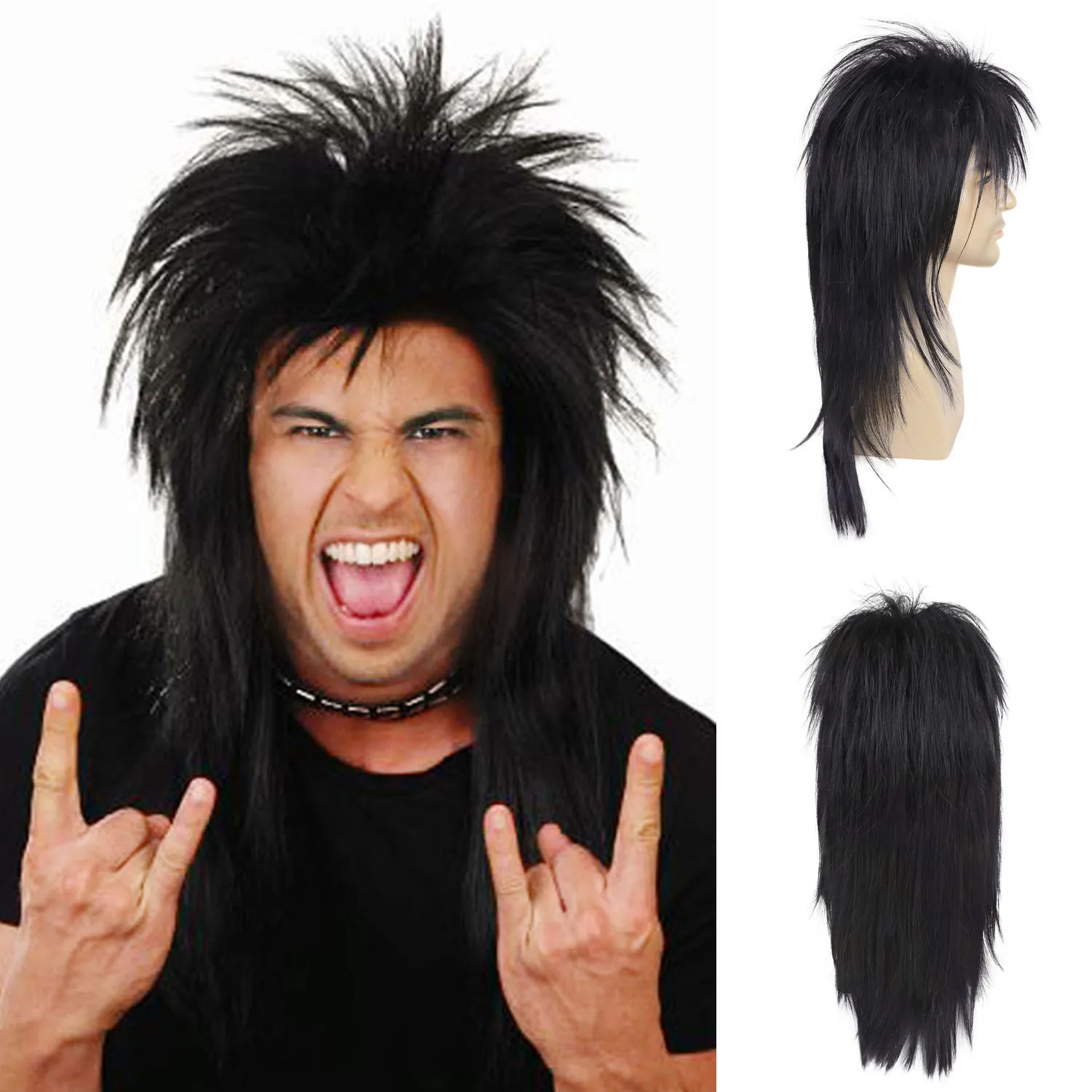 

Mens Mullet Wig 70s|80s Vintage Funny Black Heavy Metal Rocker Punk Wigs for Cosplay Event Costume Halloween Spiked Theme Party