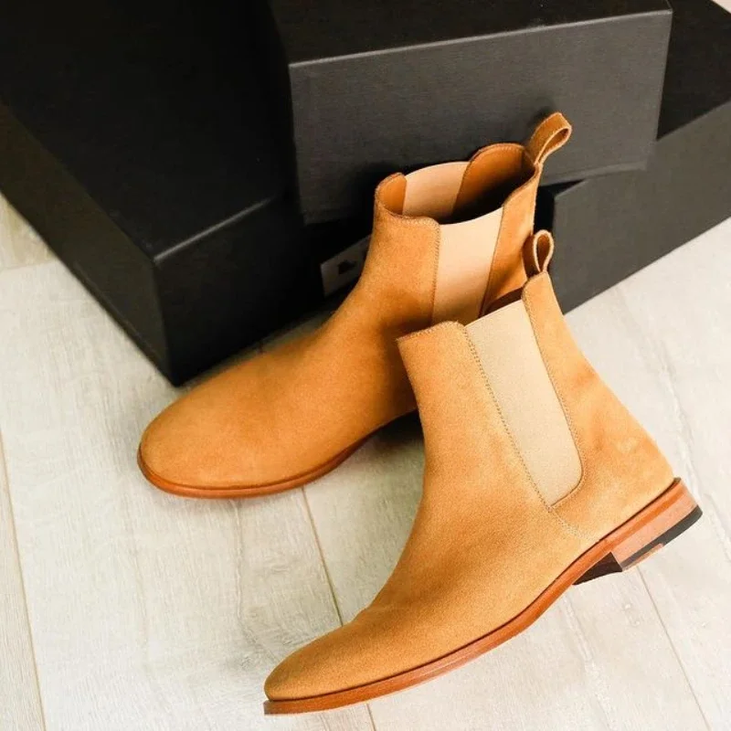 New Chelsea Boots for Men Business Flock Round Toe Slip-On Solid Men\'s Formal Boots Size 38-48 Mens Boots
