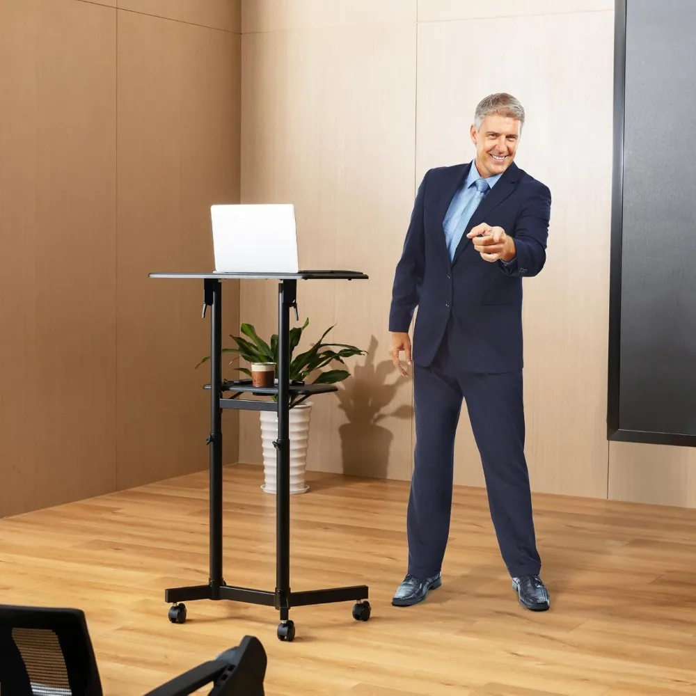 แท่นยืนพูดเคลื่อนที่ปรับความสูงได้ พร้อมที่วางแล็ปท็อปแบบมีล้อเลื่อน ที่วางของด้านบนแบบปรับเอียงได้ ที่วางแก้ว และล้อที่ล็อคได้