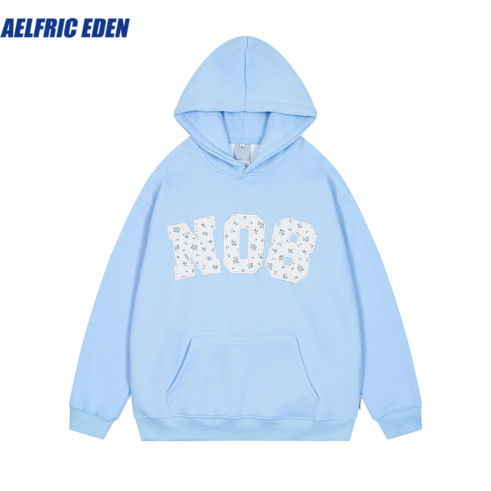 Aelfric Eden Blumen stickerei Nummer Hoodie Sweatshirt Mode Streetwear Y2k Hip Hop lose Baumwolle Kapuze Harajuku Tops